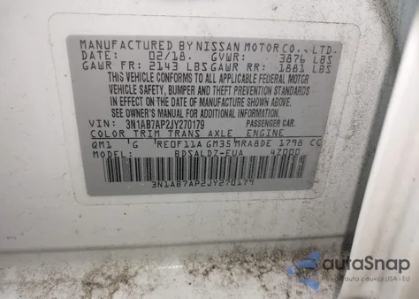 2018 Nissan Sentra Sv из США, поврежденный, VIN 3N1AB7AP2JY270179